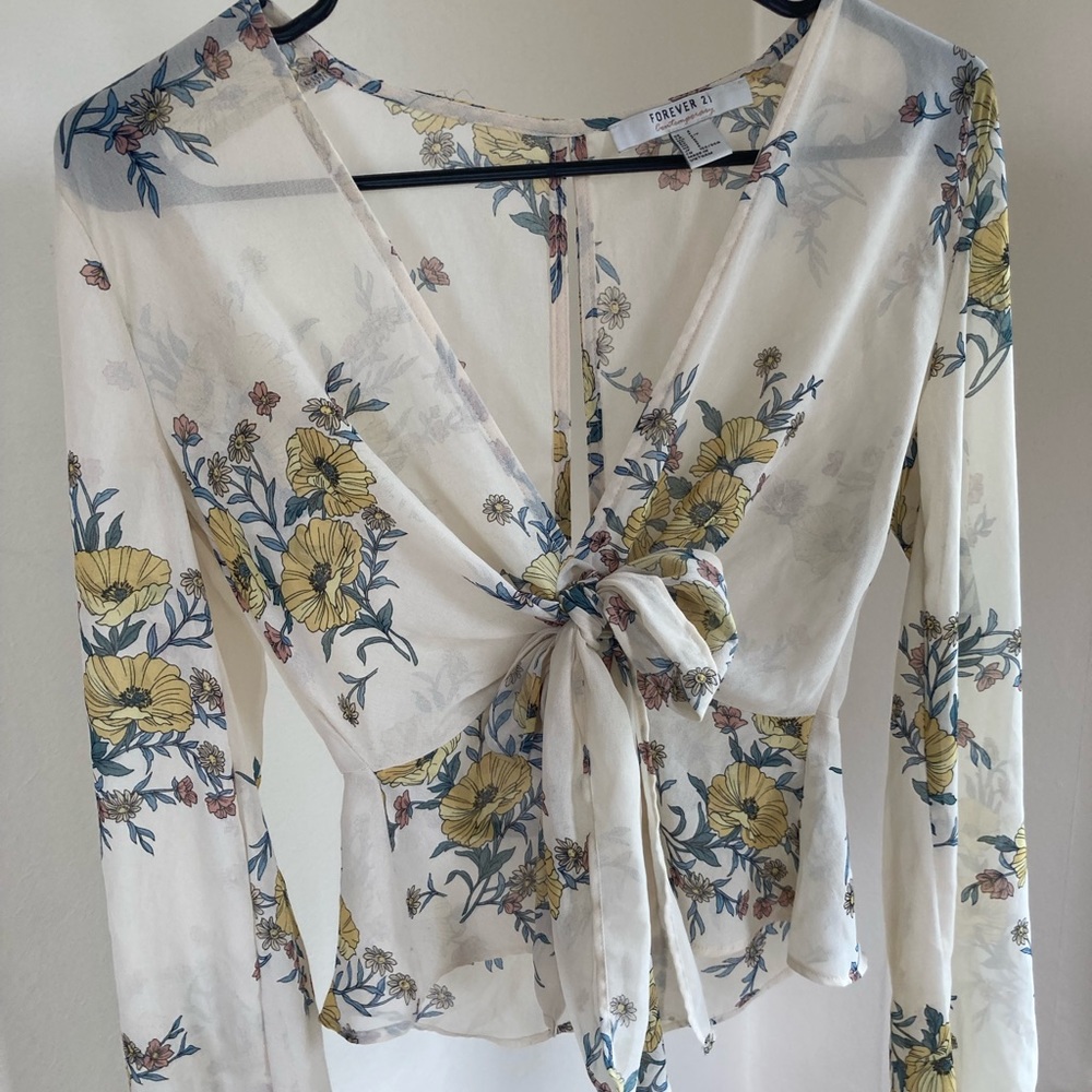 Gorgeous long-sleeve floral wrap top see-through